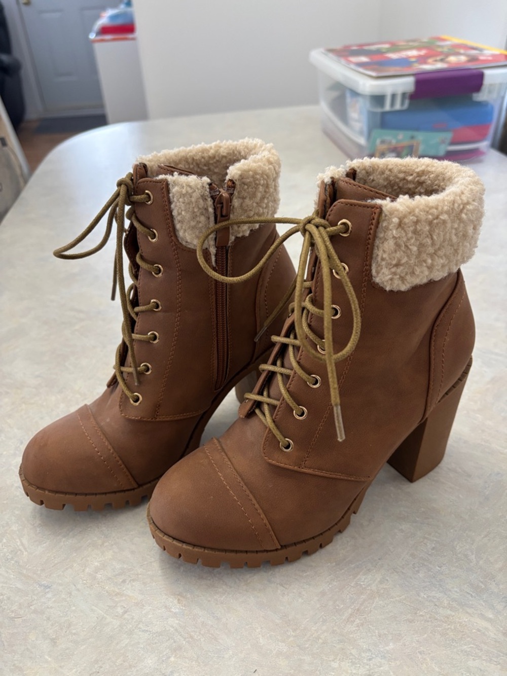 Fashion Nova Tan Lace-Up Faux-Shearling Block Heel Boots